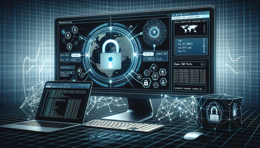 AI generated image - An illustration depicting a modern cybersecurity setup. A large computer monitor displays nmap command outputs and security metrics, including open SSH ports, alongside a laptop showing code. The background features a digital network grid and icons representing security, such as padlocks. The overall theme emphasizes network security and technology.